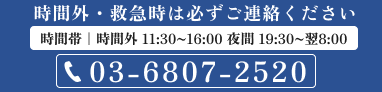 夜間診察(19:30〜翌8:00)は必ずお電話ください 03-6807-2520
