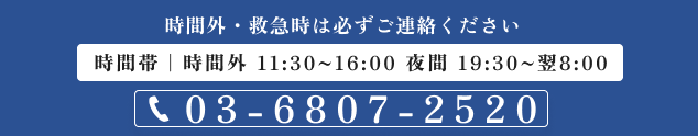 夜間診察(19:30〜翌8:00)は必ずお電話ください 03-6807-2520